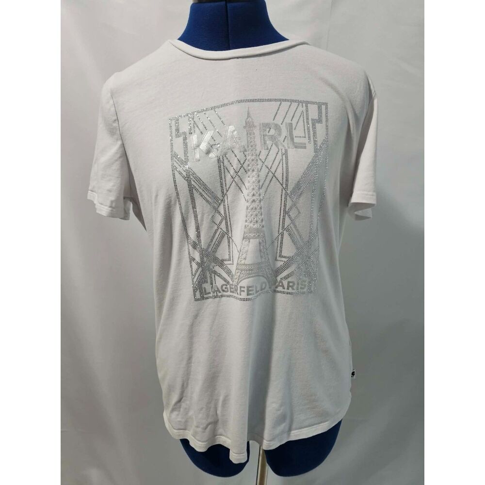 Karl Lagerfeld Paris Women’s M White Eiffel Tower Rhinestone Graphic T-Shirt